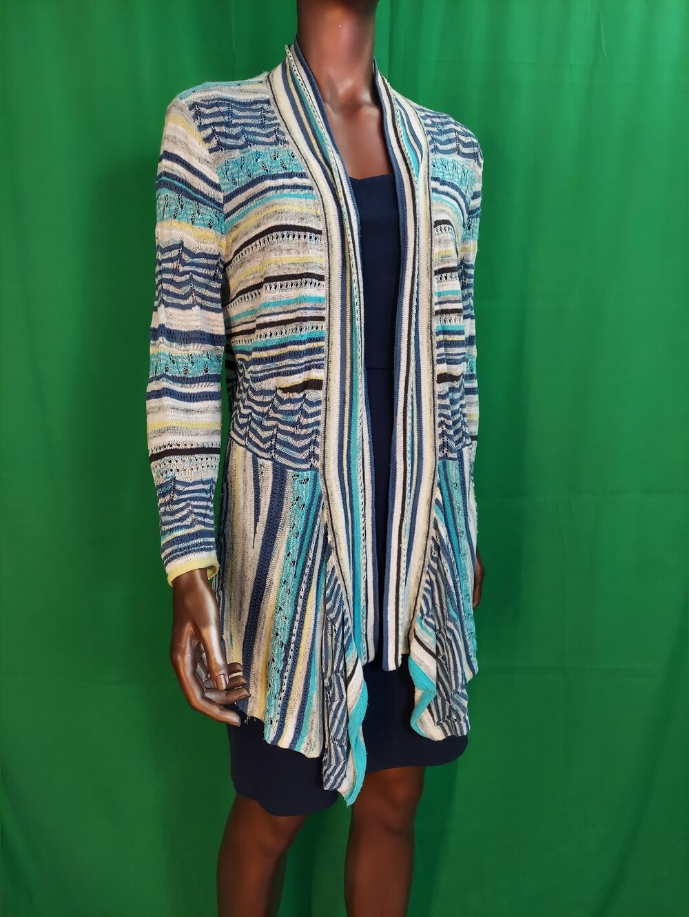 NIC+ZOE Teal, Navy & Cream Striped Draped Cardigan Coverup